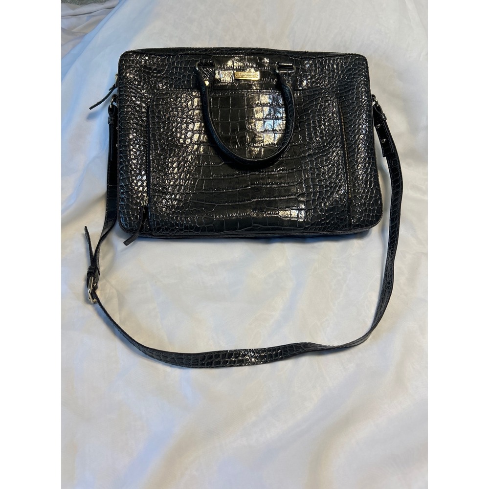 KATE SPADE NY Charcoal Croco Embossed Patent Leather Padded Laptop Tote Bag NWOT